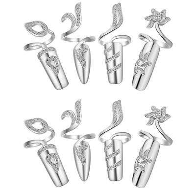Frcolor 8 Pack Silver Nail Rings Rhinestones Fingernails Rings Fashion Retro Finger Tip Nail Protecting Opening-Rings Decoration Jewelry Fingernail Decorations for Women Lady Girls