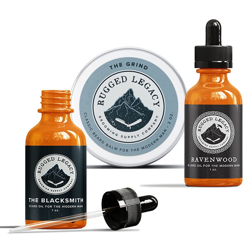 Rugged Legacy - Beard Conditioner Bundle: The Grind Beard Balm + The Blacksmith Beard Oil + Ravenwood Beard Oil, Scented Beard Balm & Beard Oil for Men with Natural Oils to Enrich Your Entire Beard