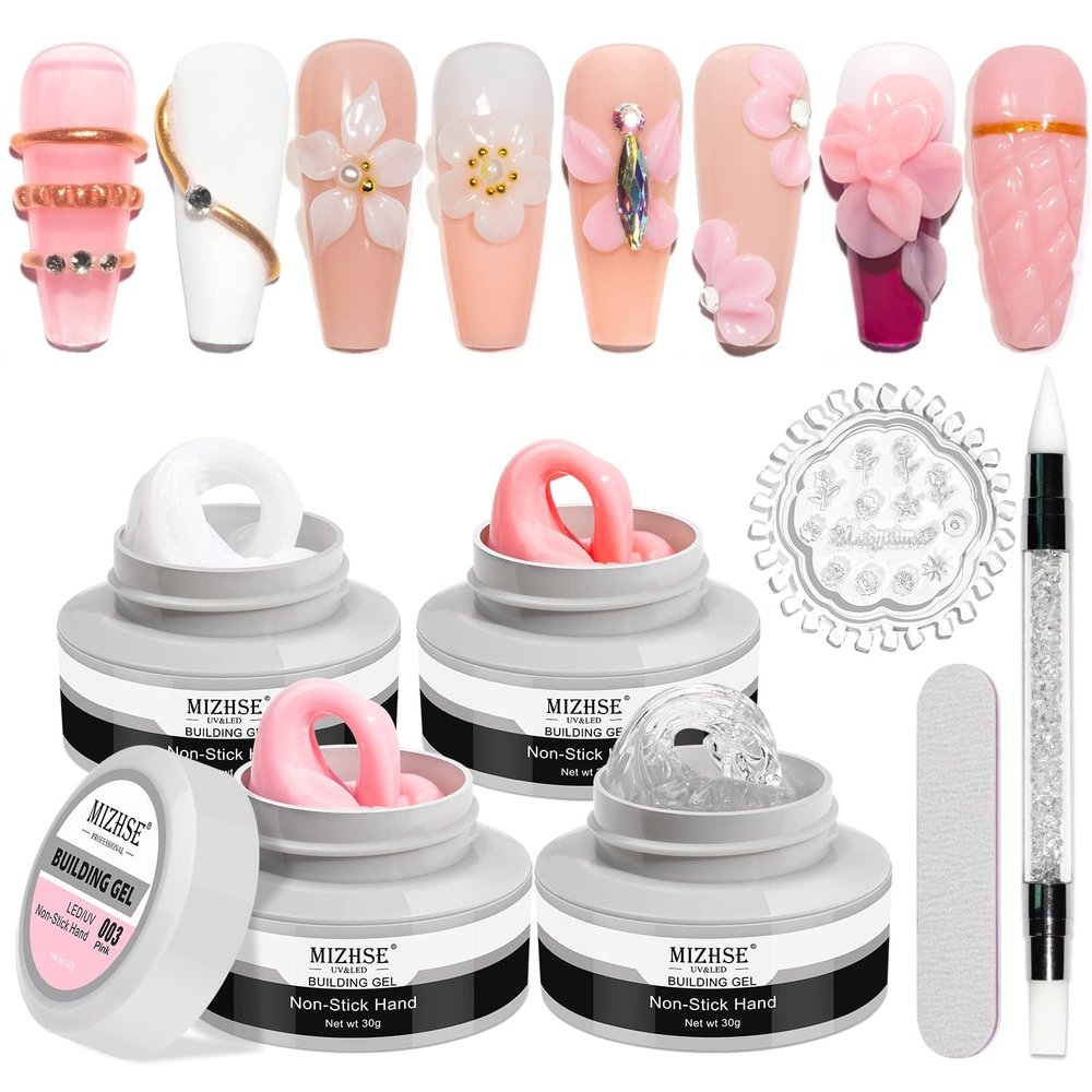 MIZHSE Solid Builder Gel, Nail Sculpture Gel Non-Sticky 4 Colors Nude Clear White Pink Hard Builder Nails UV LED Nail Extension for Salon Manicure Home DIY