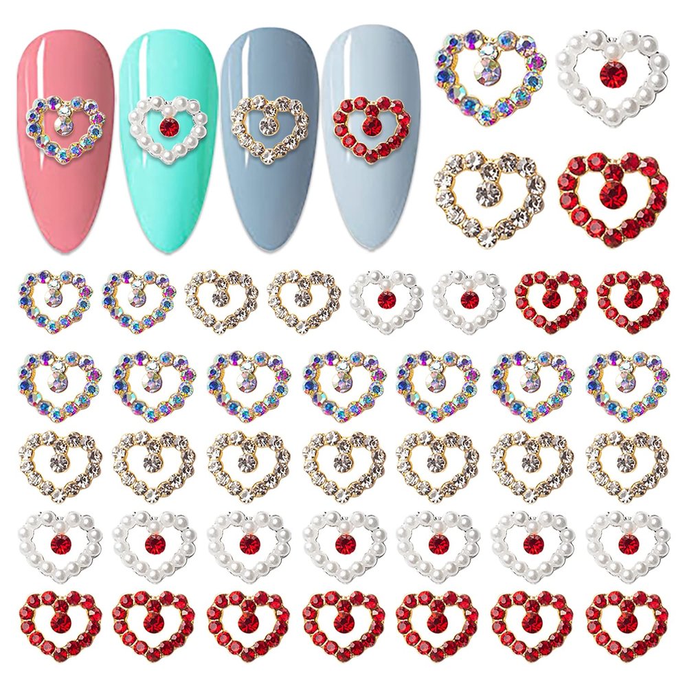 WOKOTO 40Pcs Heart Nail Charms for Nail Art 3D Hearts for Nails Accessories Hearts Gold Silver Nail Jewelrys for Nails Design Kit Nail Decorations for Nail Art Charms Nail Hearts Charms Rhinestones