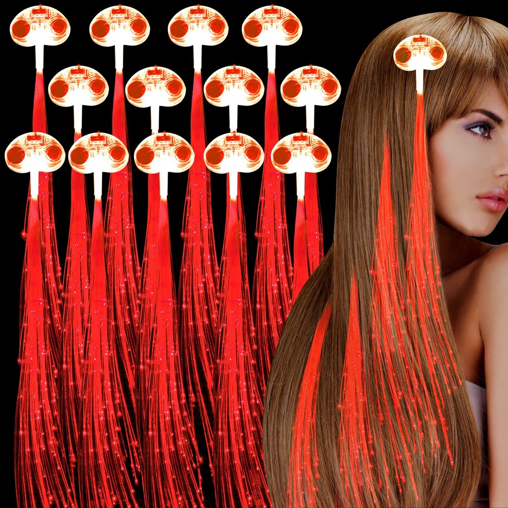 30 Pack Red LED Lights Fiber Optic Hair Barrettes Extensions Light Flashing Fiber Optic Hair Braid Barrettes Clips for 4th of July Party Favors Festival Party Bar Concert