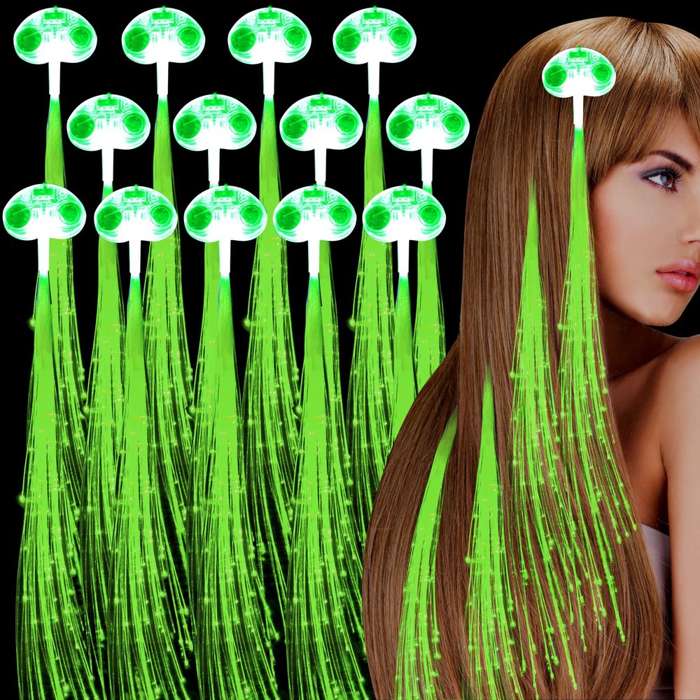 30 Pack Green LED Lights Hair Light-Up Fiber Optic LED Hair Barrettes Extensions Light Flashing Fiber Optic Hair Braid Barrettes Hair Clips for 4th of July St.Patrick's Day Bar Concert