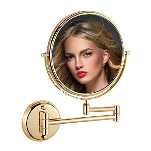 BhjKL Makeup Mirror Wall Mounted, 8'' Double Sided Vanity Mirror, 1X 10X Magnification Bathroom Mirror, 360 Swivel Extendable Cosmetic Mirror (Gold)