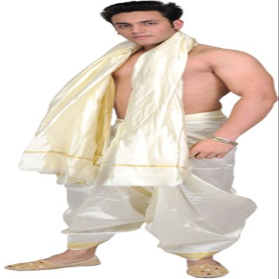 Cream Dhoti and Angavastram with Golden Woven Border By Indian Colletible