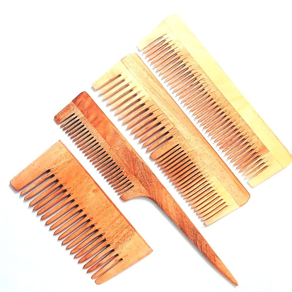 WITSOUL Neem Wood Comb Anti-Dandruff Comb For Men And Women, Brown color (SET OF 4)