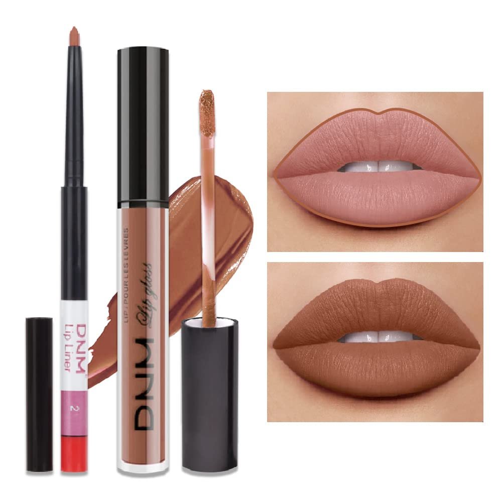 2pcs Rose-Beige Lip Liner and Lipstick Makeup Set, Nude Matt Liquid Brown Lipstick 24H Waterproof Long Lasting Matt Lip Kit (#25)