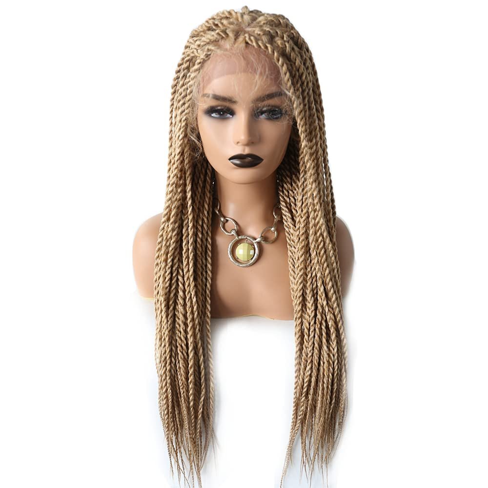 31" Box Braided Wigs for Black Women 4.75"x12.5"Lace Front Braids Wigs with Natural Baby Hair Micro Twist Lightweight Braided Wig for Woman Glueless Synthetic Hair (#27/613M Blonde)