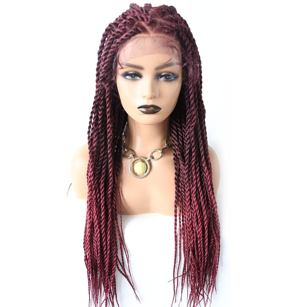 31" Box Braided Wigs for Black Women 4.75"x12.5"Lace Front Braids Wigs with Natural Baby Hair Micro Twist Lightweight Braided Wig for Woman Glueless Synthetic Hair (#T1B/BUG Black Mix Red)