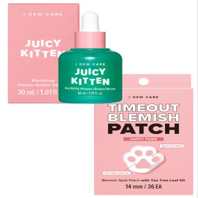 I Dew Care Hydrocolloid Acne Pimple Patch - Timeout Blemish Happy Paws | 36 Count (14mm) + Face Serum - Juicy Kitten | Purifying Power-Green Korean Skincare with Niacinamide, 1.01 Fl Oz Bundle