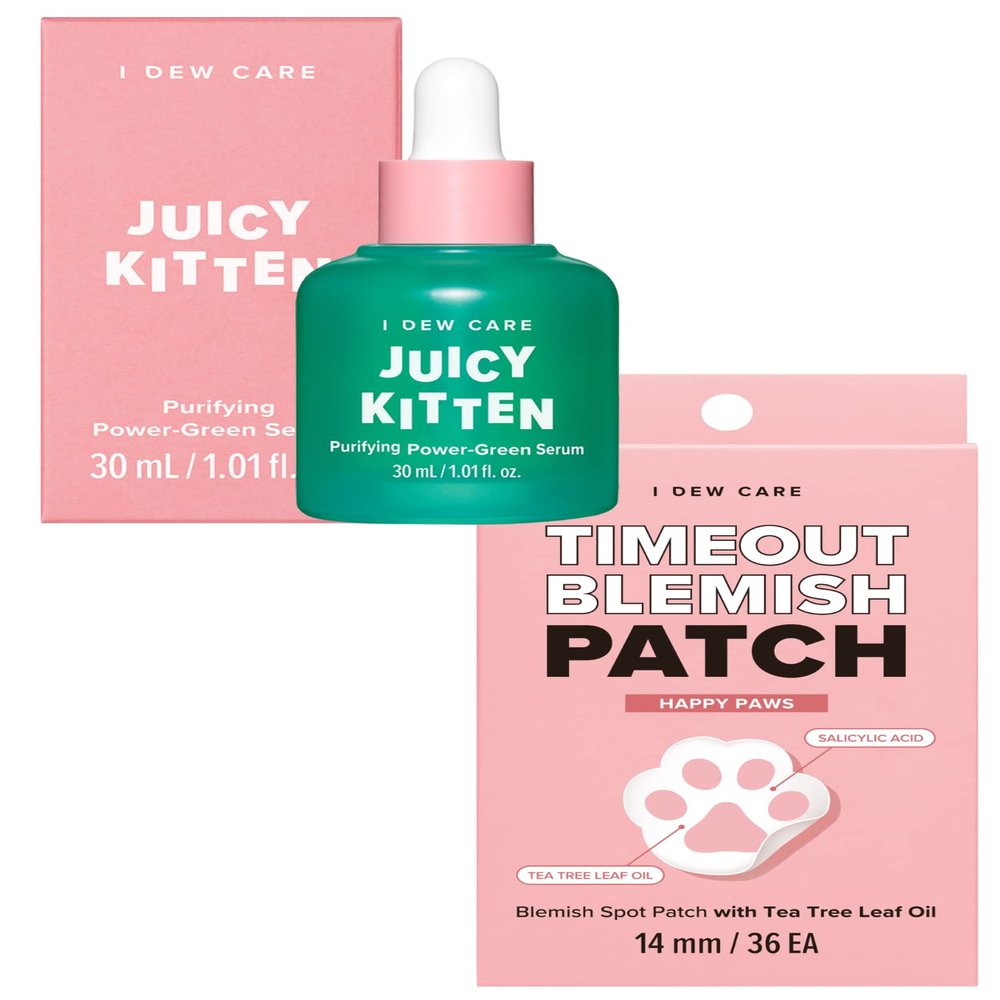 I Dew Care Hydrocolloid Acne Pimple Patch - Timeout Blemish Happy Paws | 36 Count (14mm) + Face Serum - Juicy Kitten | Purifying Power-Green Korean Skincare with Niacinamide, 1.01 Fl Oz Bundle