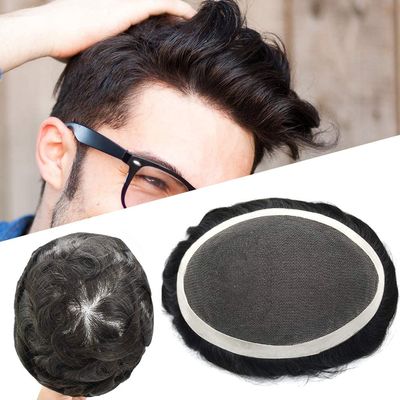 Fine Mono Lace Toupee For Men Human Hair Pieces French Lace Mens Toupee Lace Center NPU Skin Coating Around Hair Replacement System Black Brown Blonde Gray Hair Units For Men. (6X8"-120% Medium light to medium density, 1B# OFF BLACK)