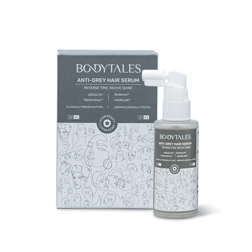 BODYTALES Anti-Gray Hair Serum, Arcolys, Melanogray, Redensyl, Hairline, Reduce Pre-Mature Hair Greying, Reverse Hair Graying, Paraben Free, Green Beauty, Clean Beauty, 60ml