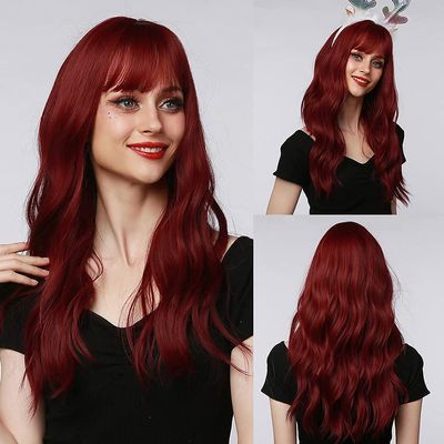 perruque rouge AMILKS longues pour femmes - Perruques synthtiques cheveux onduls naturels avec frange (capuchon de perruque gratuit)