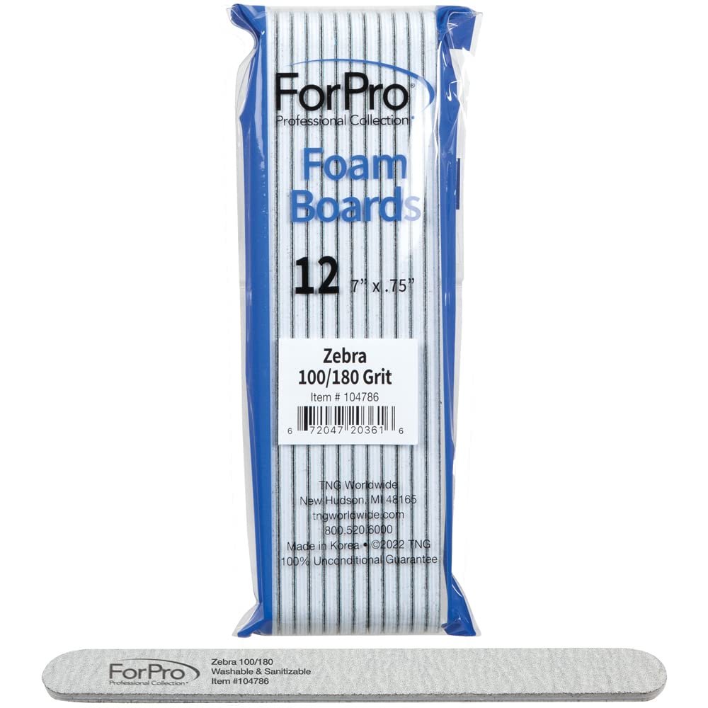 ForPro Professional Collection Nail Foam Boards, Zebra, 100/180 Grit, Double-Sided Manicure and Pedicure Nail Files, 7 L x .75 W, 12-Count