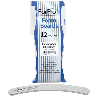 ForPro Professional Collection Zebra Curved Foam Board, 100/180 Grit, Double-Sided Manicure and Pedicure Nail Files, 7 L x .75 W, 12-Count