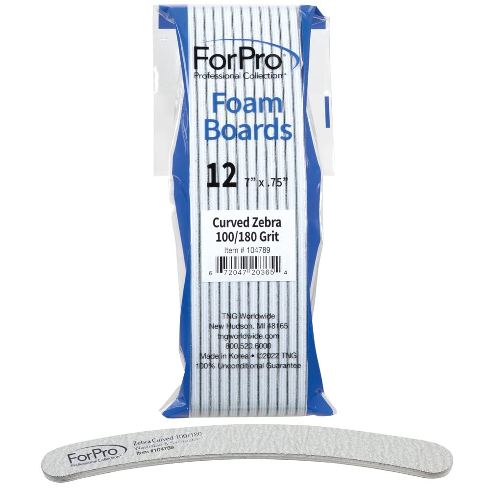 ForPro Professional Collection Zebra Curved Foam Board, 100/180 Grit, Double-Sided Manicure and Pedicure Nail Files, 7 L x .75 W, 12-Count