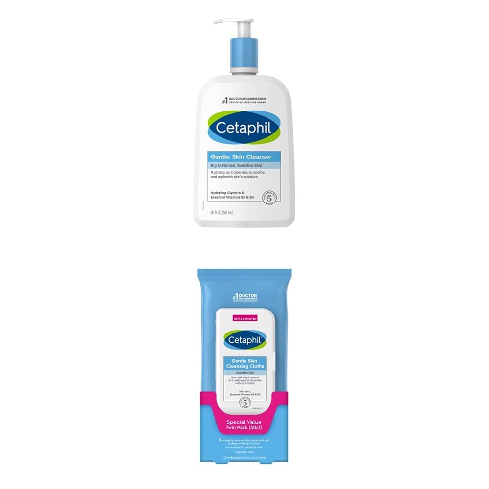 Cetaphil Hydrating Gentle Skin Cleanser for Dry to Normal Sensitive Skin, 20 oz and Gentle Skin Cleansing Cloths, 50 Count