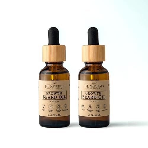 J&L Naturals | Beard Oil for Men | Growth, Grooming, Thicker Hair, Beard Care | 100% Natural Ingredients With Argan Oil, Jojoba Oil, Coconut Oil (1 Fl Oz (Pack of 2), Naked (Unscented))