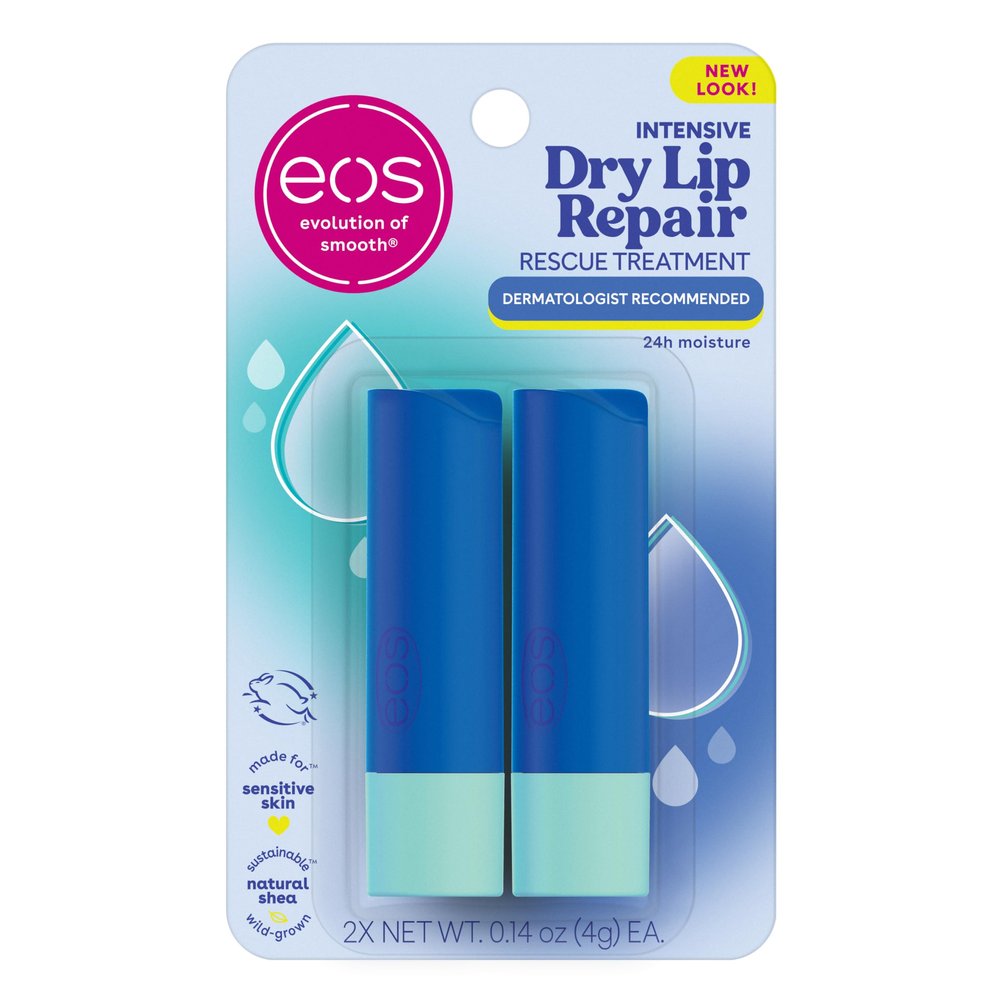 eos The Hero Lip Repair, 24HR Moisture for Severely Dry Lips, Natural Strawberry Extract, Hypoallergenic Moisturizing Lip Balm, 0.14 oz, 2-Pack