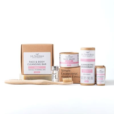 J&L Naturals | Exceptional Self-Care Kit With Cleanser, Konjac Sponge, Face Mask, Face Salve, Lip Balm, Shampoo, Hair Serum, Deodorant, Toothbrush & More (Shine (normal, dull), Simple)
