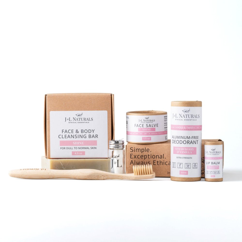 J&L Naturals | Exceptional Self-Care Kit With Cleanser, Konjac Sponge, Face Mask, Face Salve, Lip Balm, Shampoo, Hair Serum, Deodorant, Toothbrush & More (Shine (normal, dull), Simple)