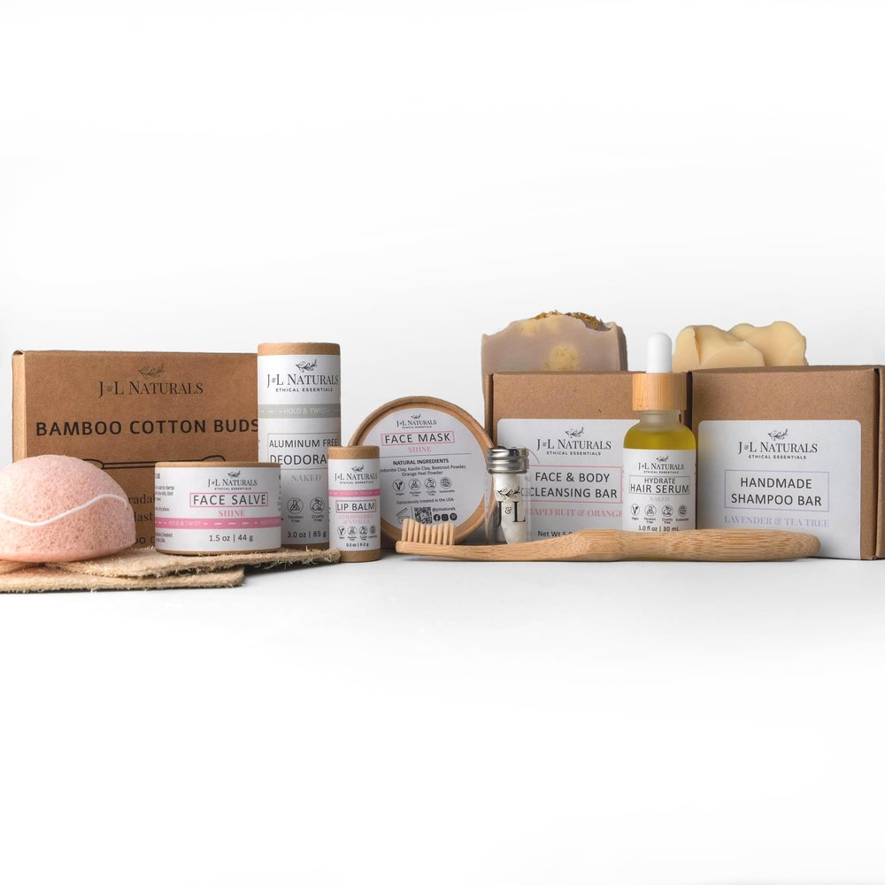 J&L Naturals | Exceptional Self-Care Kit With Cleanser, Konjac Sponge, Face Mask, Face Salve, Lip Balm, Shampoo, Hair Serum, Deodorant, Toothbrush & More (Shine (normal, dull), Exceptional)