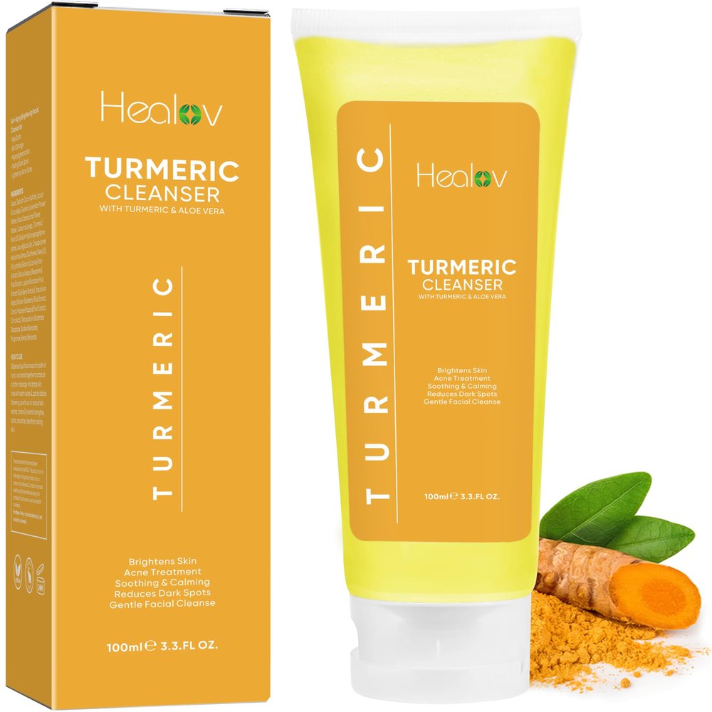 Healov Turmeric Face Wash, Turmeric Clear Skin Liquid Soap  100% Natural Anti Aging Exfoliating Facial Cleanser for Spots, Clearing Acne Scars, Age Spots, Sun Damage, Discoloration  Bath Soap