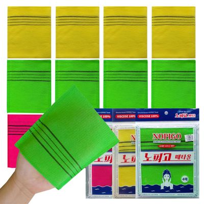 NOPIGO The Original Korean Exfoliating Mitt Body Scrub-12pcs (green4 red4 yellow4). Asian Exfoliating Bath Washcloth for Dead Skin, Bath Sponge,Body exfoliate Glove.