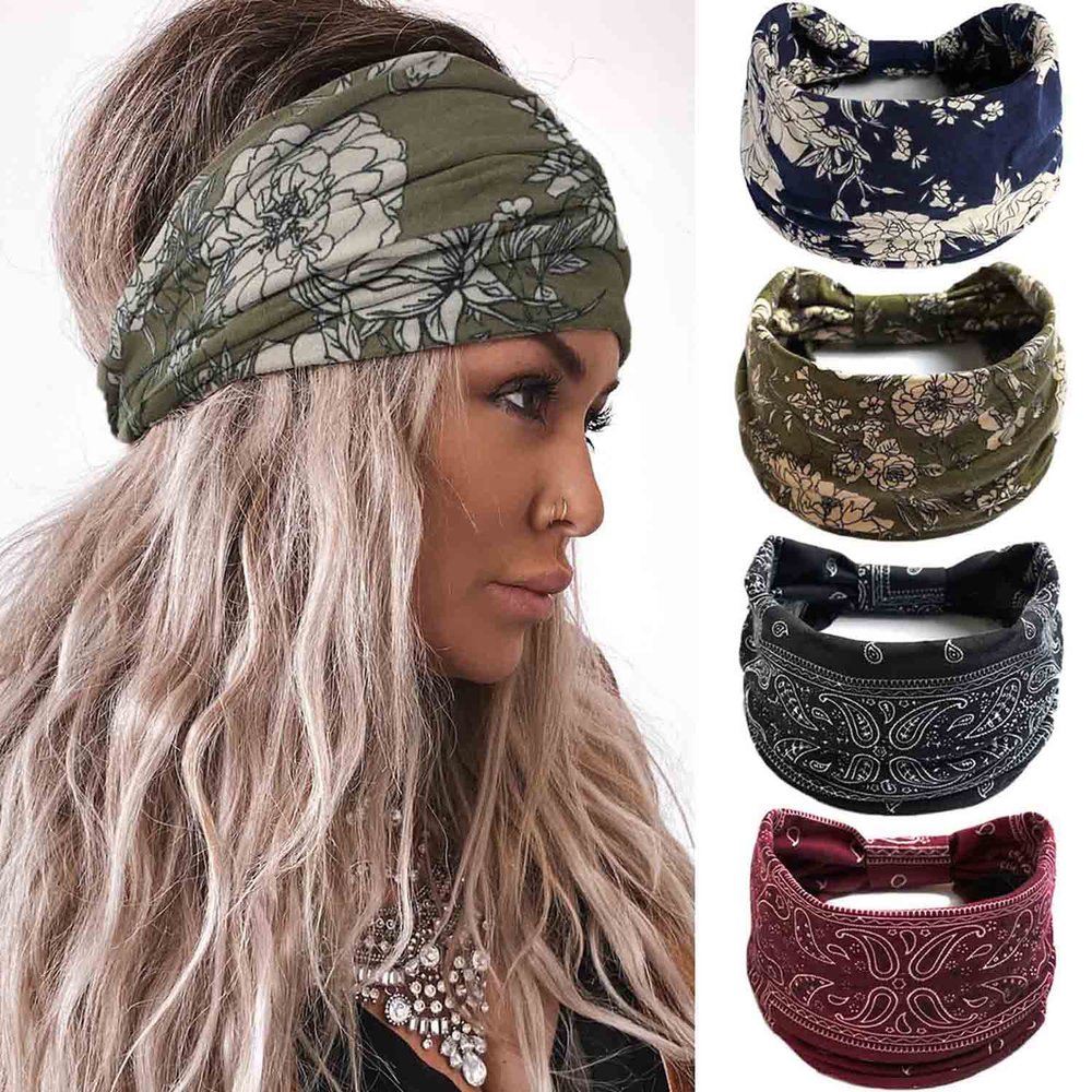 Acenail Boho Headbands Women Wide Head Bands Knotted Turban Headband Nonslip Elastic Hairbands Floral Hairband Workout Hair Scarfs Yoga Sweatbands Bohemian Head Wraps for Women 4Pcs (#2 Boho)