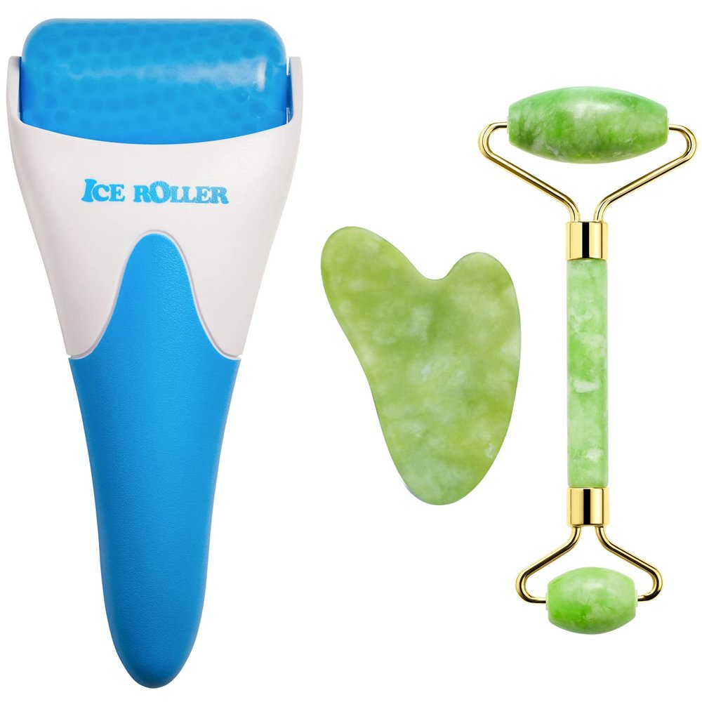 AECW 3-in-1 Natural Stone Jade Roller and Gua Sha Set for Face and Eye Ice Roller Facial Cooling Massage Roller