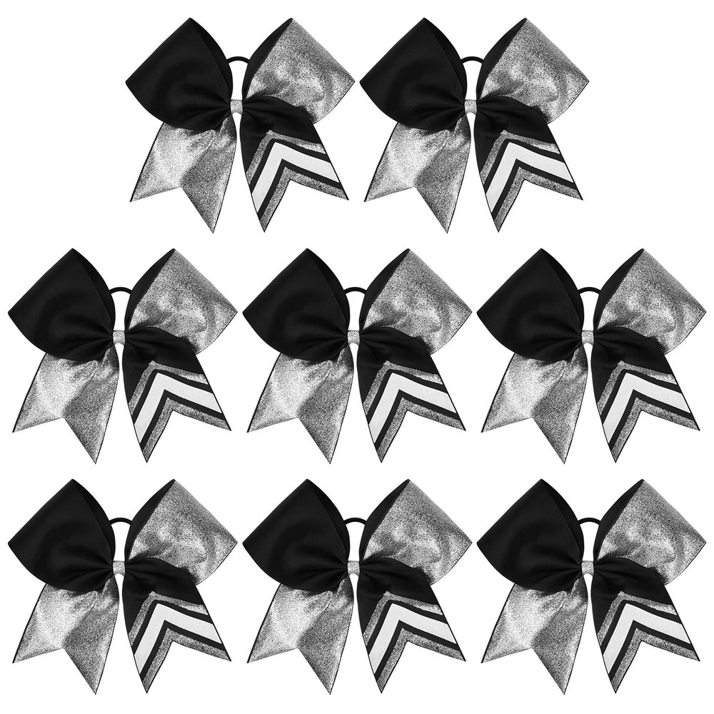 DEEKA 8PCS 8" Two Toned Large Glitter Cheer Bows Shiny Cheer Hair Bows Ponytail Holder Handmade for Cheerleader Girls Softball Sports -g Silver/Black