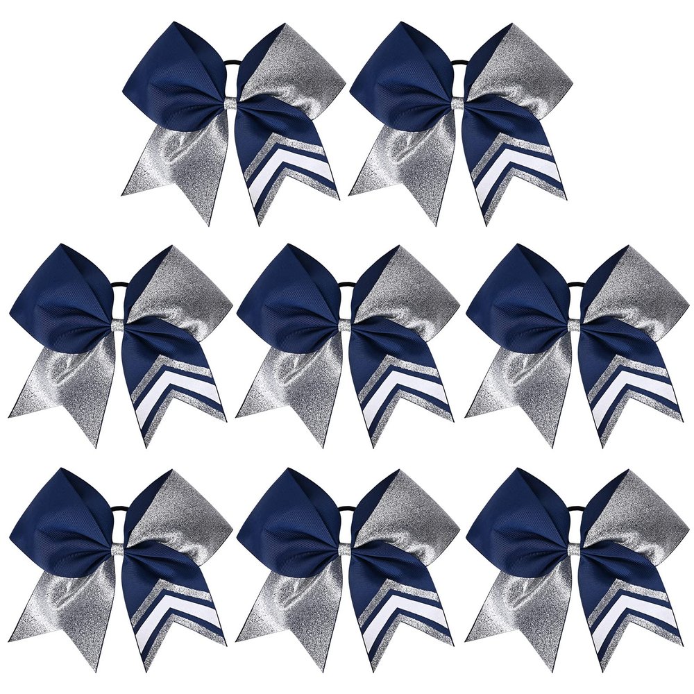 DEEKA 8PCS 8" Two Toned Large Glitter Cheer Bows Shiny Cheer Hair Bows Ponytail Holder Handmade for Cheerleader Girls Softball Sports -g Silver/Navy