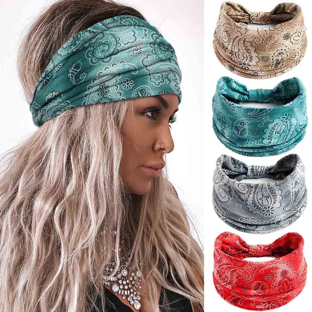 Acenail Boho Headbands Women Wide Head Bands Knotted Turban Headband Nonslip Elastic Hairbands Floral Hairband Workout Hair Scarfs Yoga Sweatbands Bohemian Head Wraps for Women 4Pcs(#6 Chic)