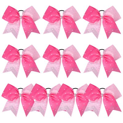 DEEKA 10 PCS Rhinestones Two Toned Large Cheer Hair Bows 7" Glitter Cheer Ponytail Holder Handmade for Teen Girls Softball Cheerleader Sports -Light Pink/Hot Pink