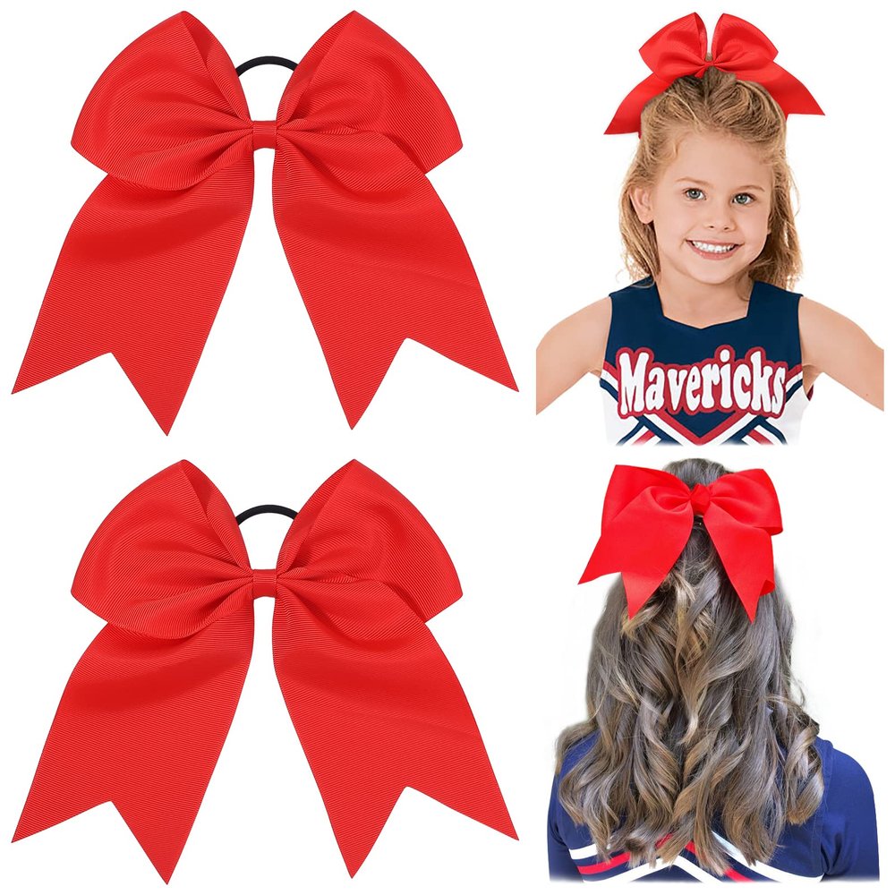 2 PCS 8 Inch Cheer Hair Bows Large Cheerleading Big Hair Bows with Ponytail Holder for Teen Girls-Red