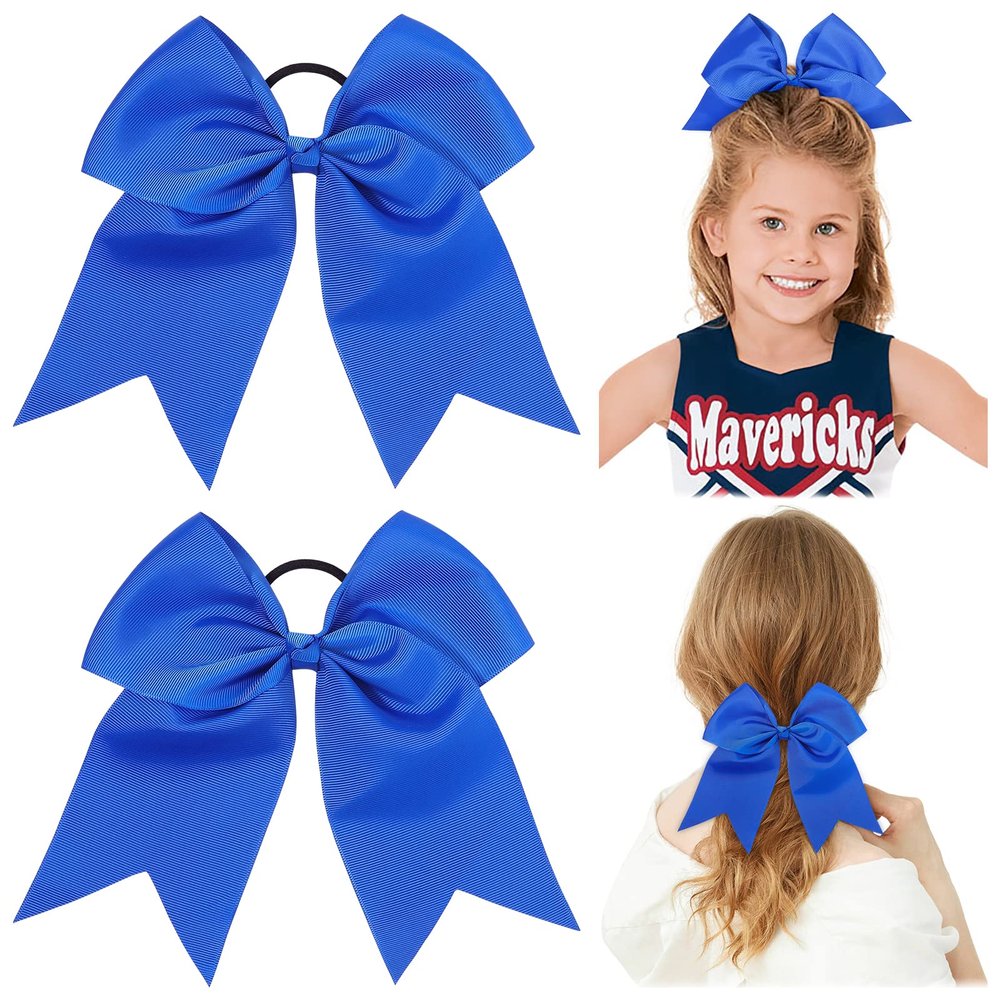 2 PCS 8 Inch Cheer Hair Bows Large Cheerleading Big Hair Bows with Ponytail Holder for Teen Girls-Royal Blue