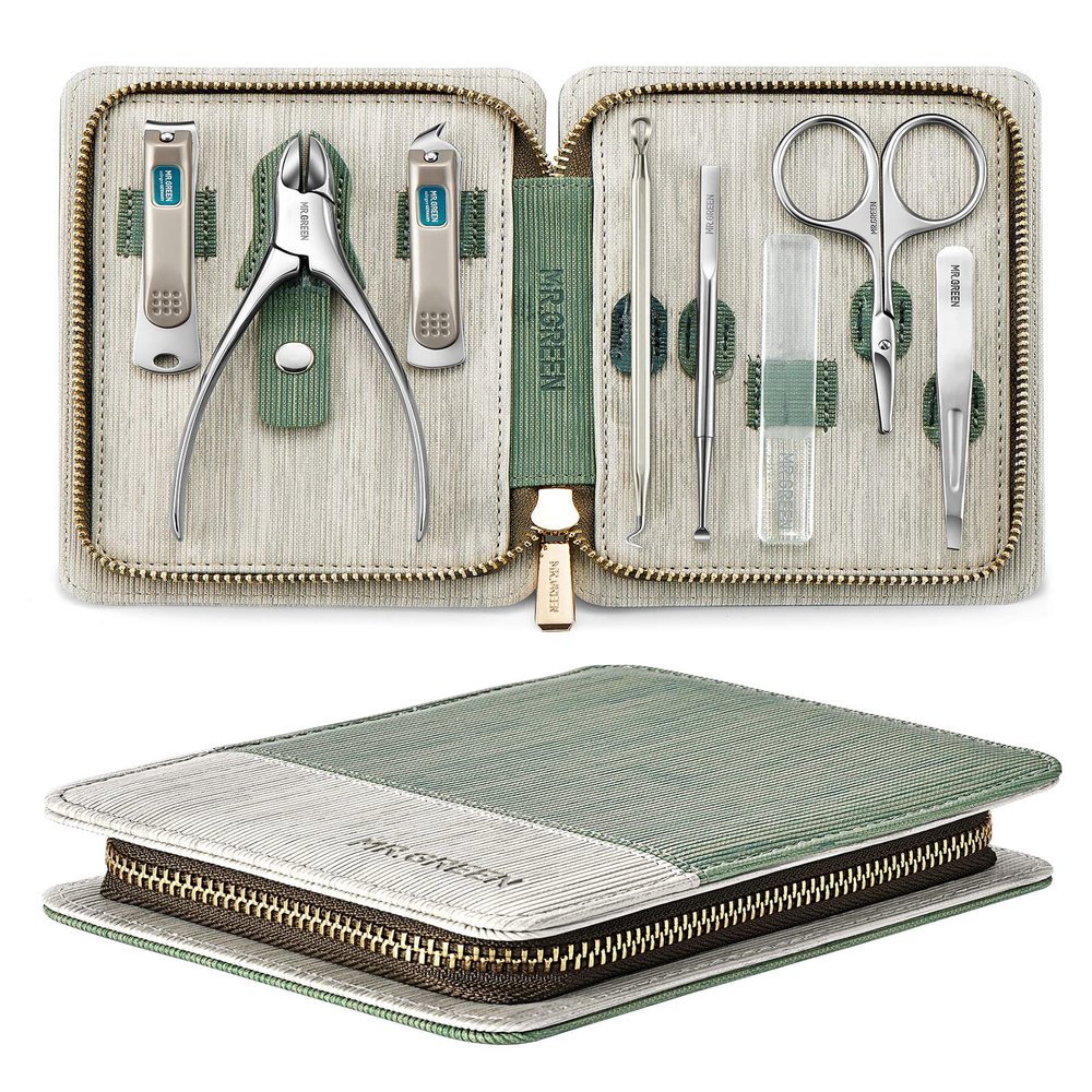 Manicure Set 8 in 1,Professional Pedicure kit,Stainless Steel Manicure Kit,Portable Travel Grooming Kit Nail Care Tools,Nail Clippers Pedicure Tools with Leather Travel Case (Green)