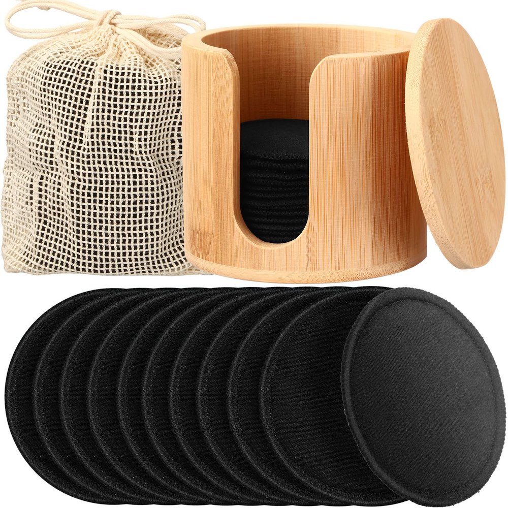 Foaincore 40 Pcs Reusable Makeup Remover Pads with Mesh Storage Bag and Bamboo Box Washable Bamboo Cotton Rounds Soft Reusable Face Pad for Toner Skin Various Skin Care Products(Black)