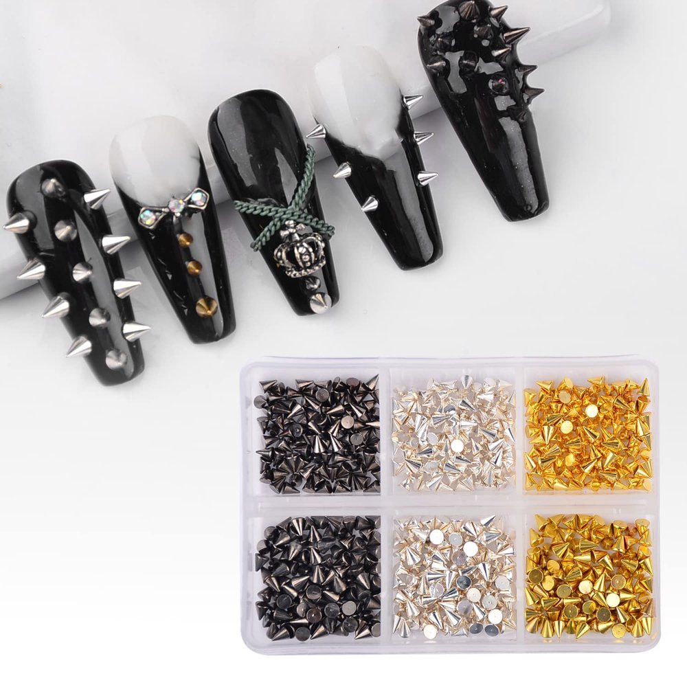 DSHIJIE 600pcs Nail Art Punk Cone Metalic Spike Studs Sliver, Black, Gold Nail Art Decoration