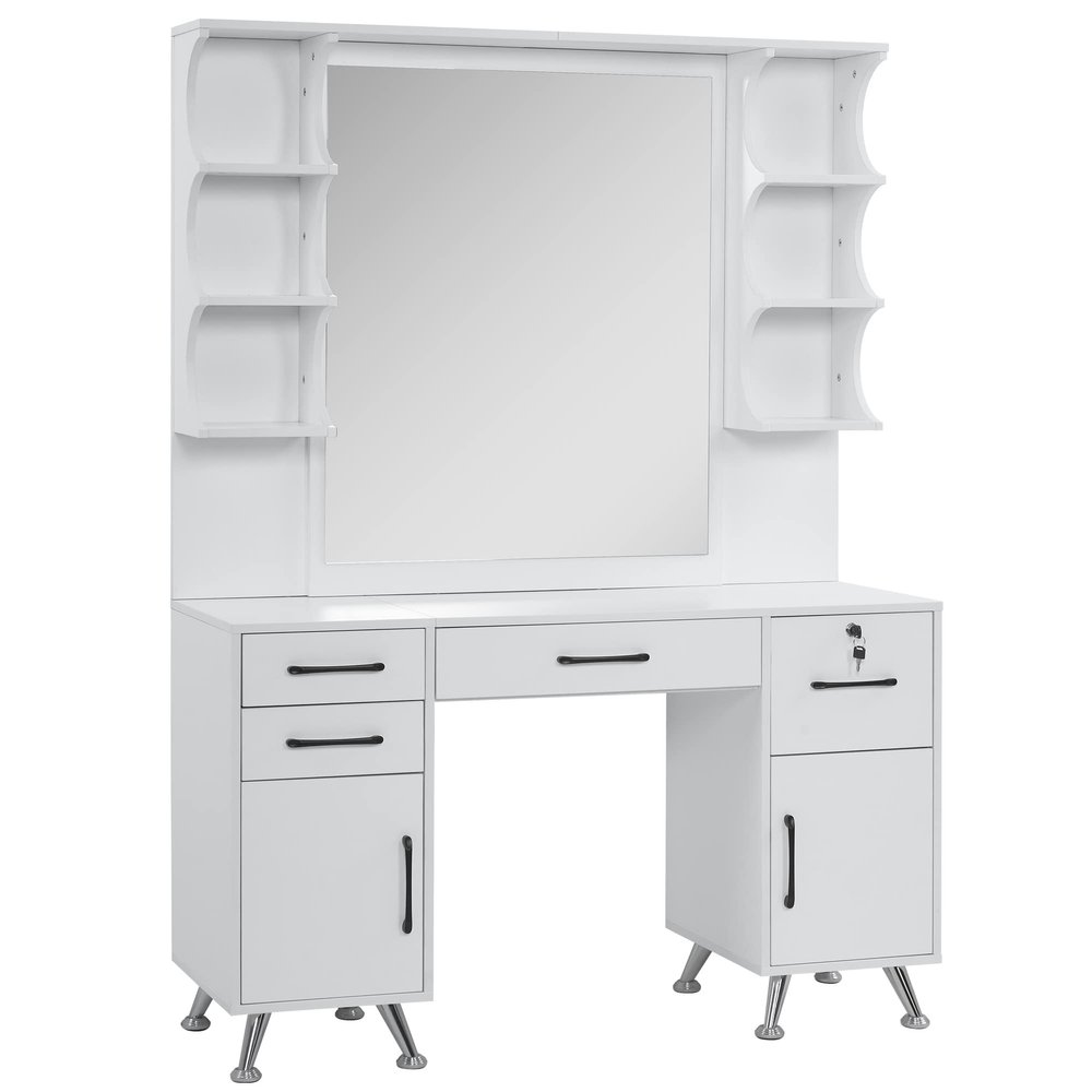 BarberPub Vanity Set with Mirror Make up Table Spa Beauty Styling Barber Station Equipment 3143 (White)