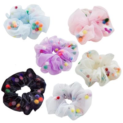 6 Pack Colored Ball Dance Hair Accessories - Bun Covers, Mesh String Bobbles, Elastic Headdress Ties, Ponytail Holders for Girls in Rich Tones