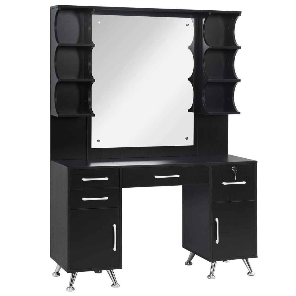 BarberPub Vanity Set with Mirror Make up Table Spa Beauty Styling Barber Station Equipment 3143 (Black)
