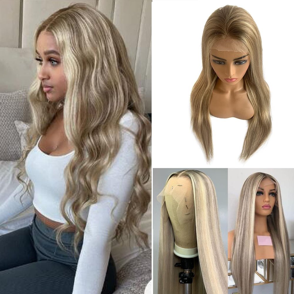 28 Inch Highlight Ash Brown Lace Front Wigs Human Hair,Pre Plucked Ombre Blonde 13x4 Transparent Lace Front Wig with Baby Hair Ombre Brown Straight Lace Frontal Wig Bleached Knots 150% Density