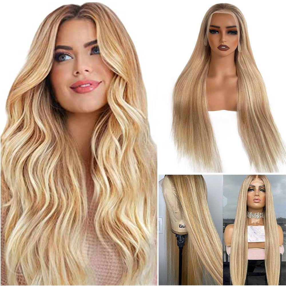 24Inch Long Blonde Highlight 13x4 Lace Front Wigs Hd Lace Ombre Brown Human Hair Wig Straight Highlights 9A Brazilian Virgin Hair Guleless Pre Plucked Hairline with Bleached Knots(Can Be Styled)