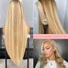 24Inch Long Blonde Highlight 13x4 Lace Front Wigs Hd Lace Ombre Brown Human Hair Wig Straight Highlights 9A Brazilian Virgin Hair Guleless Pre Plucked Hairline with Bleached Knots(Can Be Styled) view 3