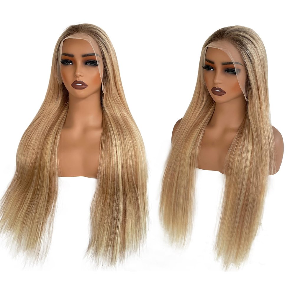 30 Inch Highlight Ombre Lace Front Wig Human Hair, 13x4 Transparent Blonde Straight Lace front Wigs Pre Plucked with Bleached Knots for Women 9A Brazilian Virgin Hair Mixed Colored Hair #4/12/613