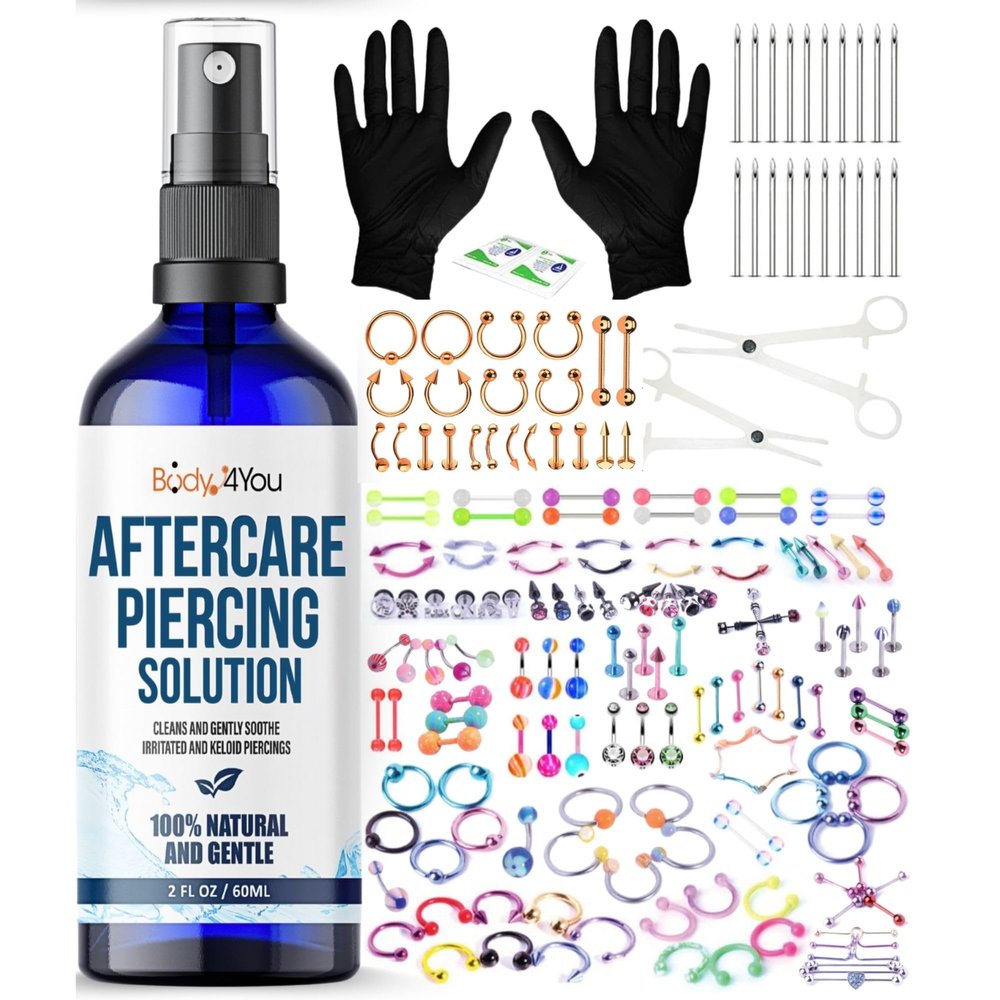 BodyJ4You 157PC Body Piercing Kit Aftercare Saline Cleanser Spray | Belly Ring Nose Septum Tragus Ear Cartilage Industrial | Horseshoe Ring Hoop Barbell Stud Spike | 14G 16G 18G 20G | RANDOM Mix Jewel