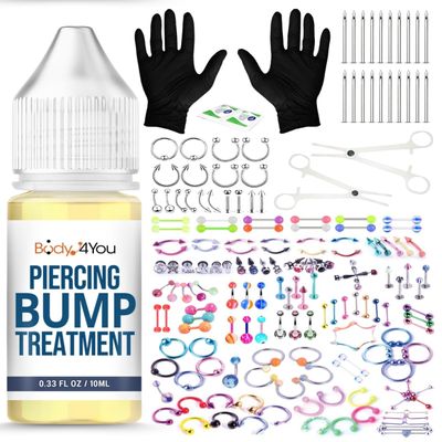 BodyJ4You 157PC Body Piercing Kit Bump Aftercare Treatment | Belly Ring Nose Septum Tragus Ear Cartilage Industrial | Horseshoe Ring Hoop Barbell Stud Spike | 14G 16G 18G 20G | RANDOM Mix Jewelry