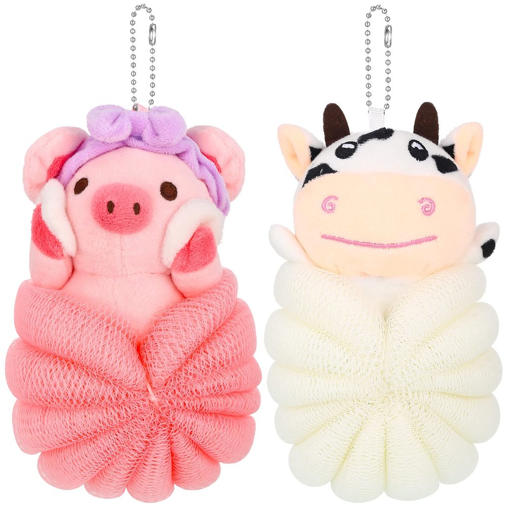 Vesici 2 Pcs Loofahs for Kids Children's Bath Loofahs Girls Toddler Cute Cartoon Bath Sponges Loofah Pouf Body Scrubber Mesh Sponges for Shower Washing Exfoliating