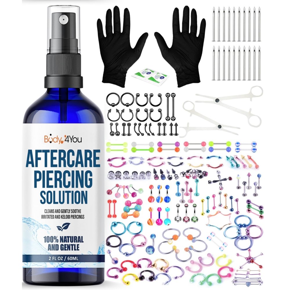 BodyJ4You 157PC Body Piercing Kit Bump Aftercare Treatment | Belly Ring Nose Septum Tragus Ear Cartilage Industrial | Horseshoe Ring Hoop Barbell Stud Spike | 14G 16G 18G 20G | RANDOM Mix Jewelry
